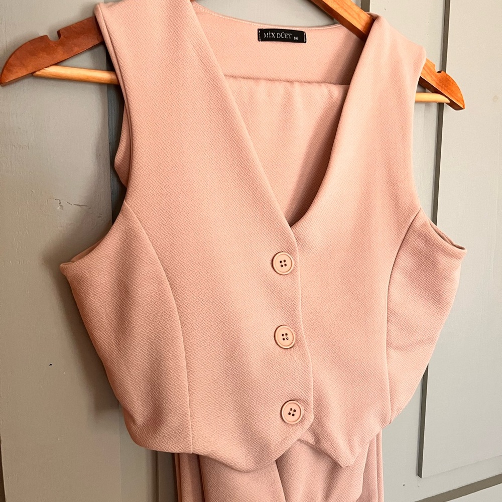 Free People Blush Pink Sleeveless Button Vest Jumpsuit Set